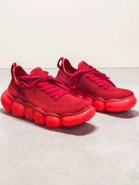 Red Mesh Athletic Sneakers With Bubble Sole - Breathable Lightweight Design For